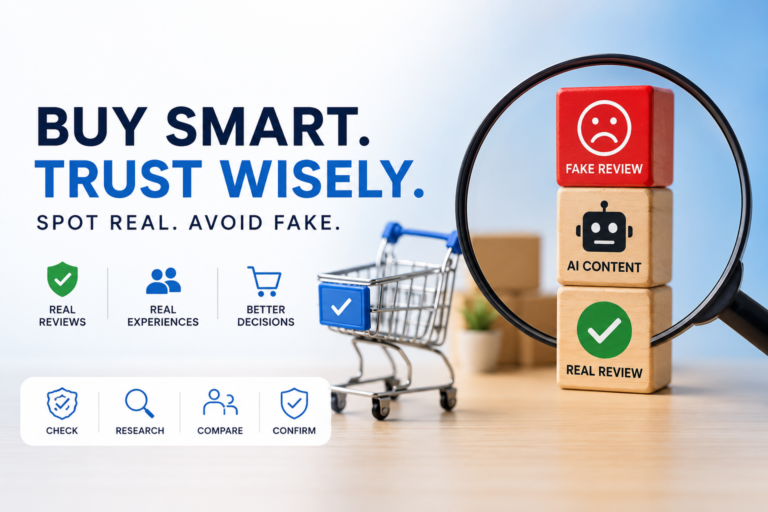 Consumer checking fake reviews and AI UGC content to make smarter online buying decisions